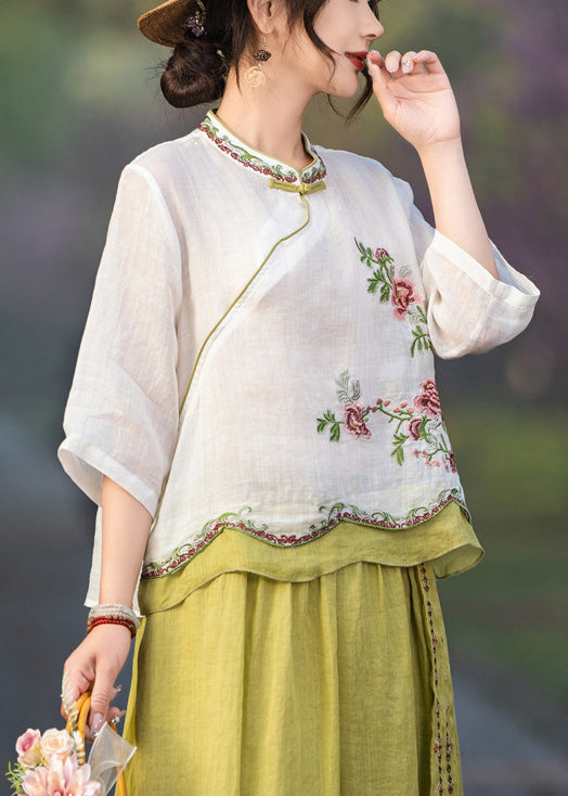 Patchwork Linen Button Summer White Blouses Embroidered