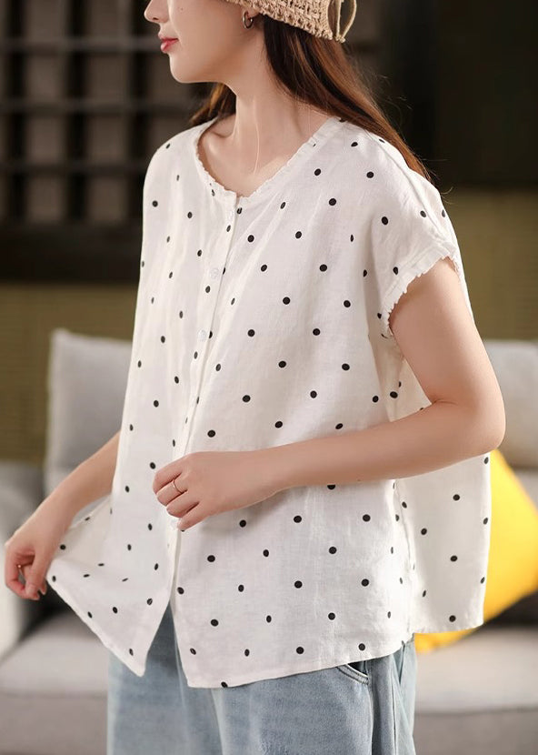 Print Shirt Linen Ruffled White Button Summer