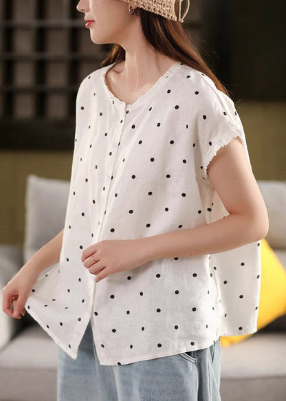 Print Shirt Linen Ruffled White Button Summer