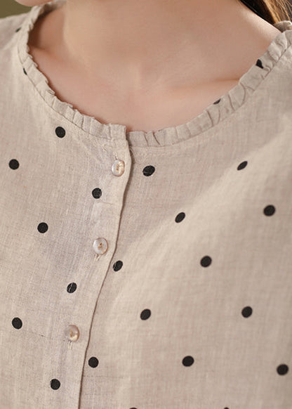 Print Shirt Linen Ruffled White Button Summer