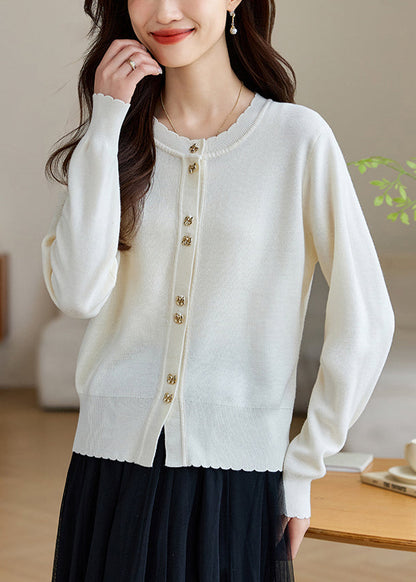 White Button Solid Wool Knit Fall Coats O Neck QV059