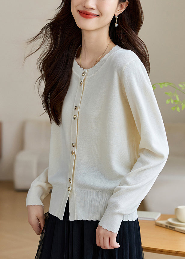 White Button Solid Wool Knit Fall Coats O Neck QV059