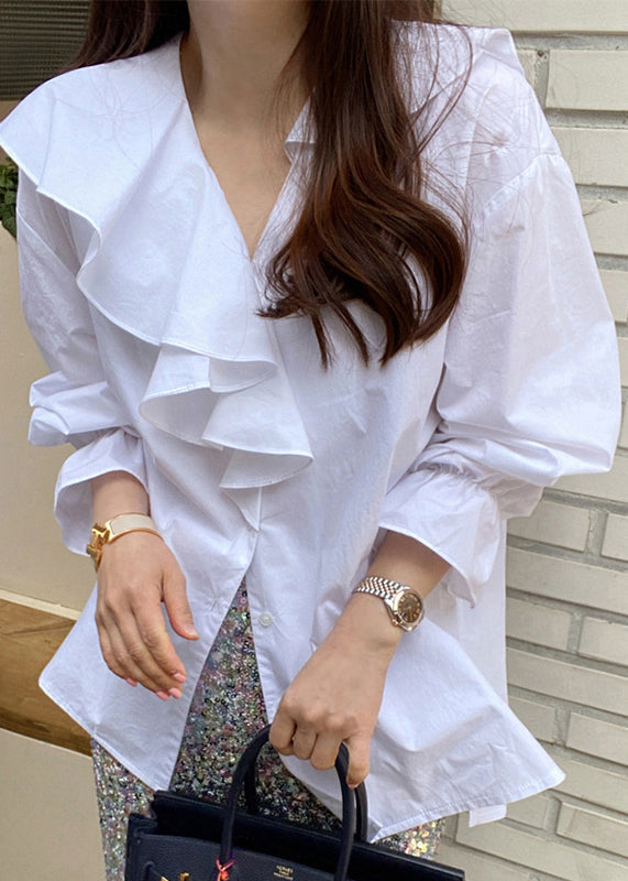 Ruffles Blouse Tops Fall White Asymmetrical Cotton
