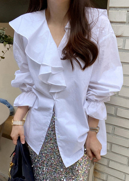 Ruffles Blouse Tops Fall White Asymmetrical Cotton