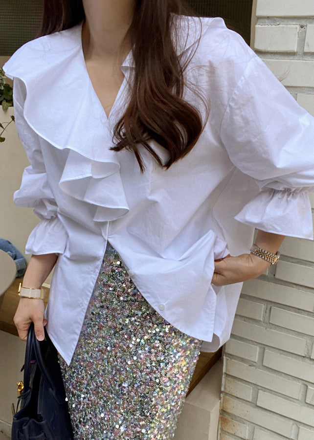 Ruffles Blouse Tops Fall White Asymmetrical Cotton