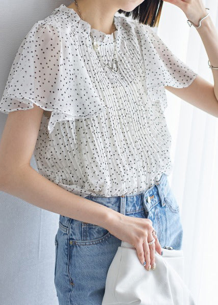 Top White Cloak Sleeves Dot Oversized Chiffon Wrinkled