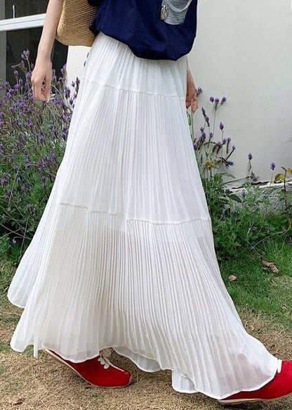 White Solid Maxi Elastic Wrinkled Chiffon Skirts Waist