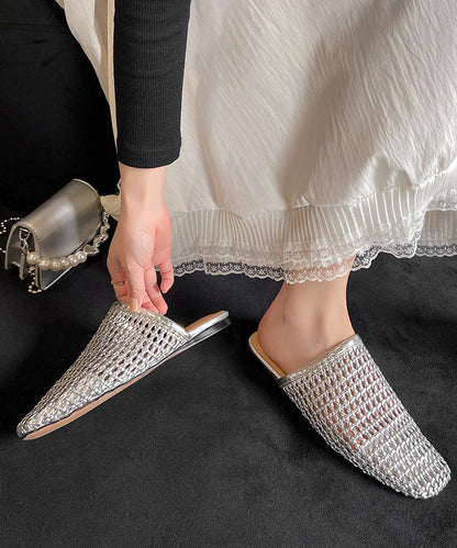 Hollow Slide Out White Sandals Leather Boutique Faux Weave