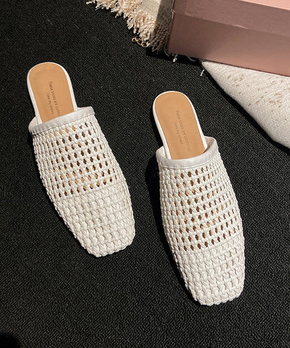 Hollow Slide Out White Sandals Leather Boutique Faux Weave