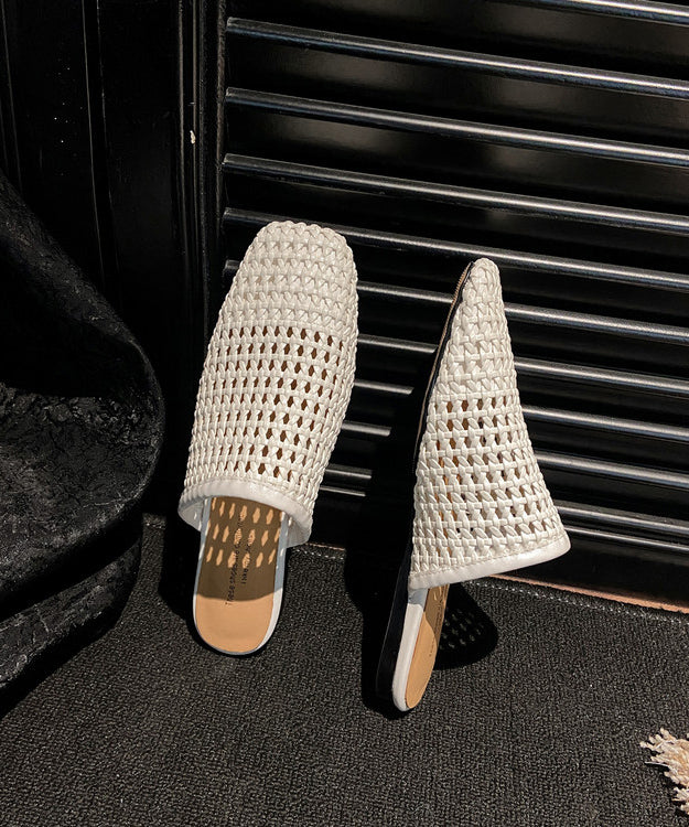 Hollow Slide Out White Sandals Leather Boutique Faux Weave