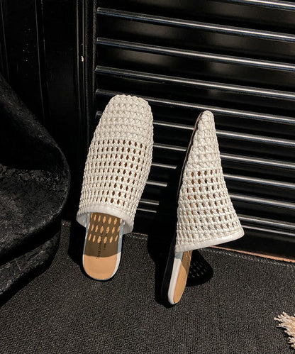 Hollow Slide Out White Sandals Leather Boutique Faux Weave