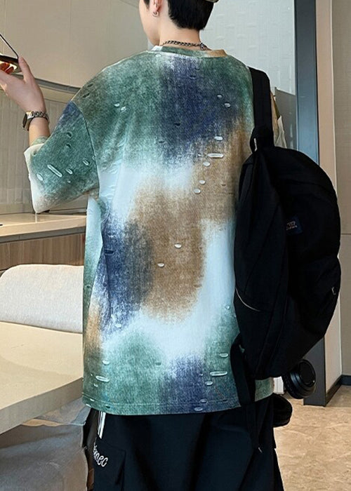 Tie Cotton Letter Dye Sleeve Shirts Half Men T White Hole