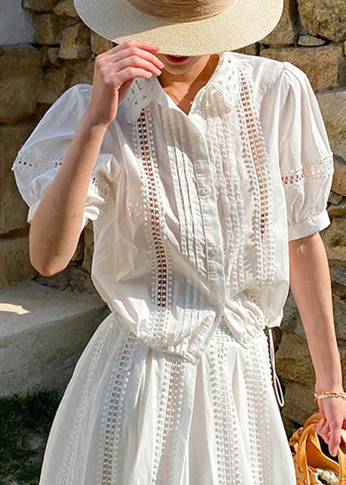 White Hollow Pan Out Peter Collar Shirts Cotton Summer