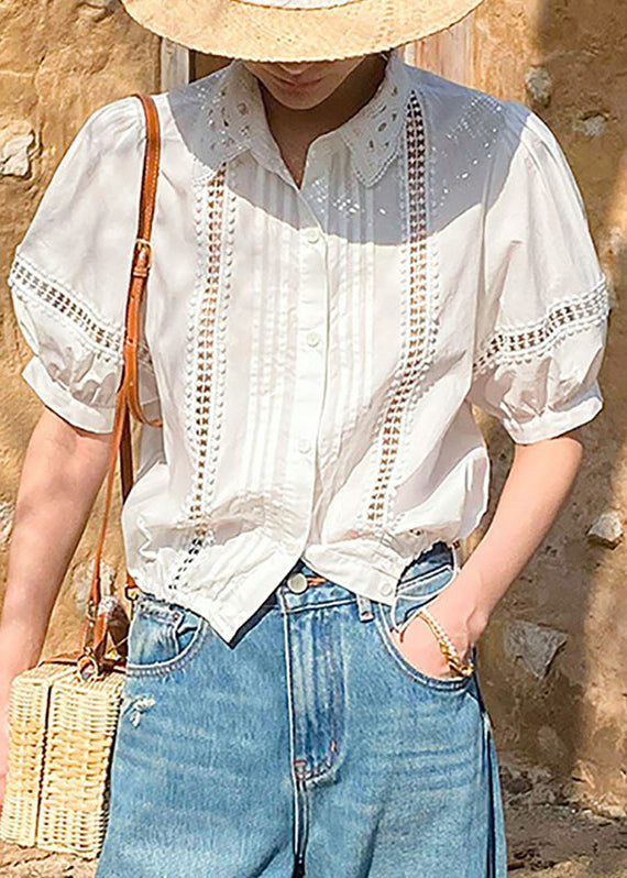 White Hollow Pan Out Peter Collar Shirts Cotton Summer