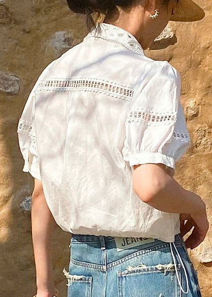 White Hollow Pan Out Peter Collar Shirts Cotton Summer