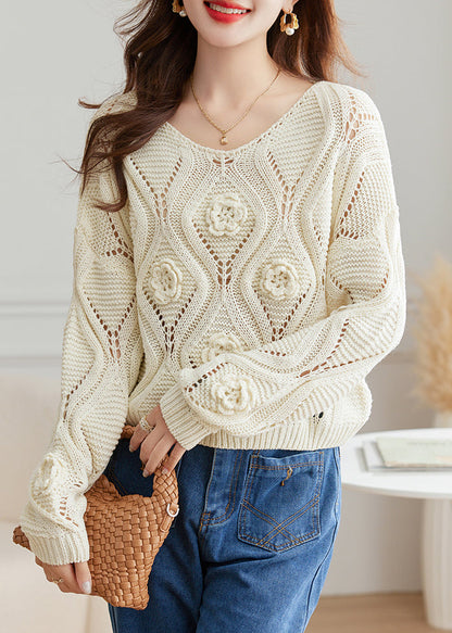 White Hollow Out Cozy Knit Fall Sweater O Neck QS028