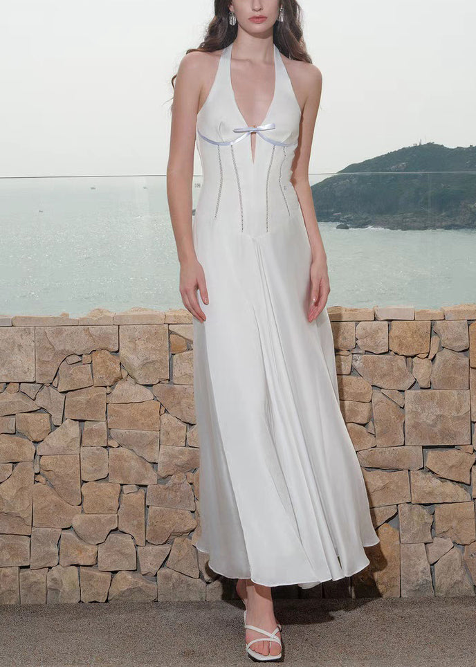 Cotton Lace Summer Dress Long V Hollow Up Neck White Out