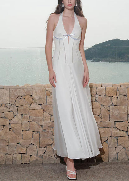 Cotton Lace Summer Dress Long V Hollow Up Neck White Out