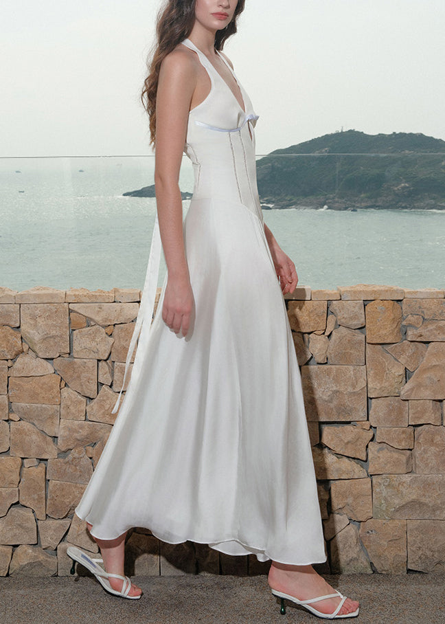 Cotton Lace Summer Dress Long V Hollow Up Neck White Out