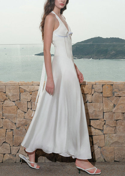 Cotton Lace Summer Dress Long V Hollow Up Neck White Out