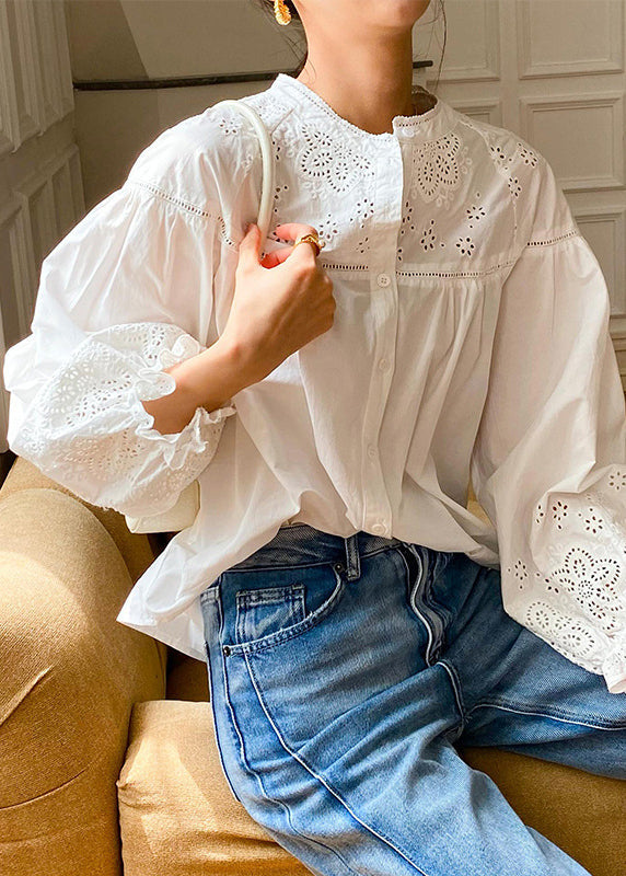 Loose Sleeve Embroidered Out Butterfly Cotton Hollow Blouse White