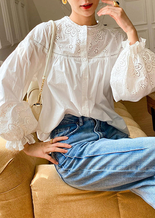 Loose Sleeve Embroidered Out Butterfly Cotton Hollow Blouse White