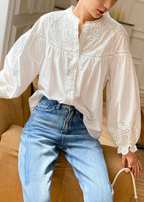 Loose Sleeve Embroidered Out Butterfly Cotton Hollow Blouse White