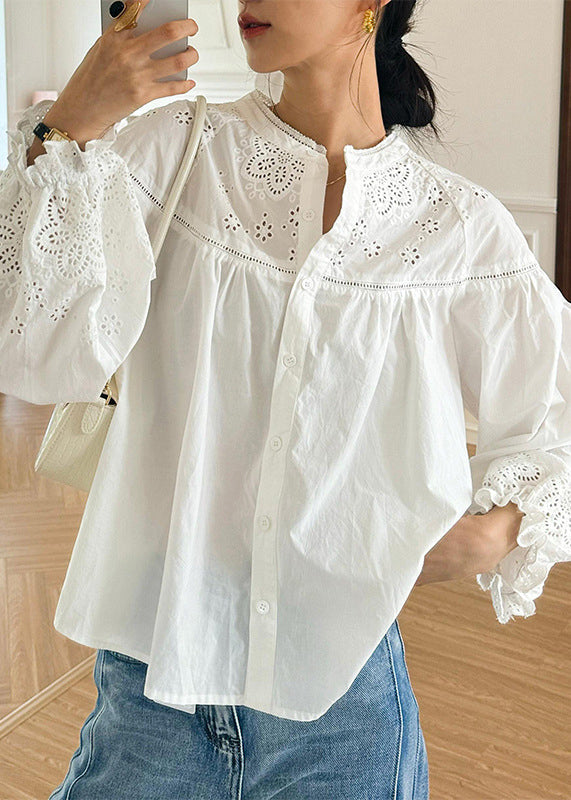 Loose Sleeve Embroidered Out Butterfly Cotton Hollow Blouse White