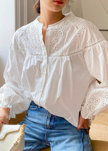 Loose Sleeve Embroidered Out Butterfly Cotton Hollow Blouse White
