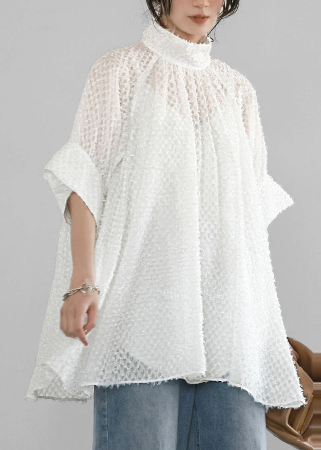 A Stand Collar Tops White Hollow Out Tulle Line Summer