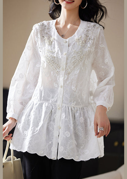 White Nail Bead Button Blouses Embroidered Long Sleeve AC1022