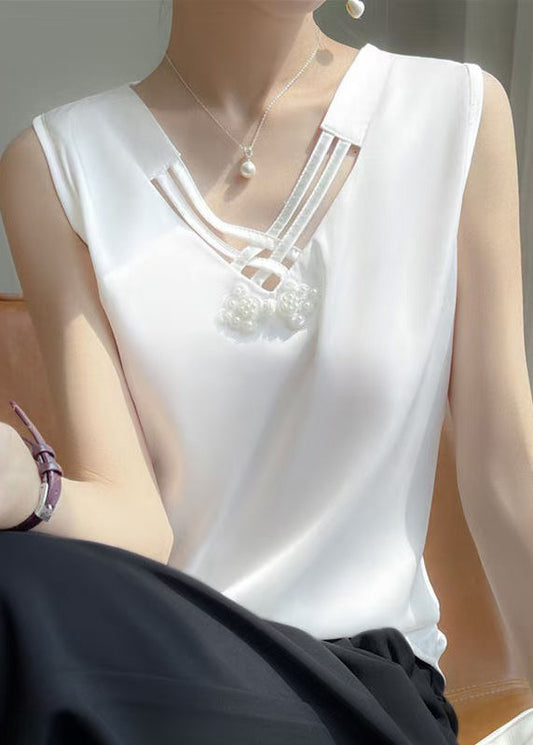 White Nail Sleeveless Bead Solid Tank Neck Silk V