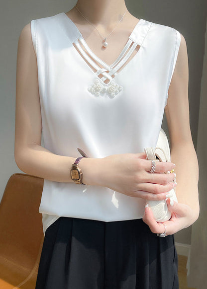 White Nail Sleeveless Bead Solid Tank Neck Silk V