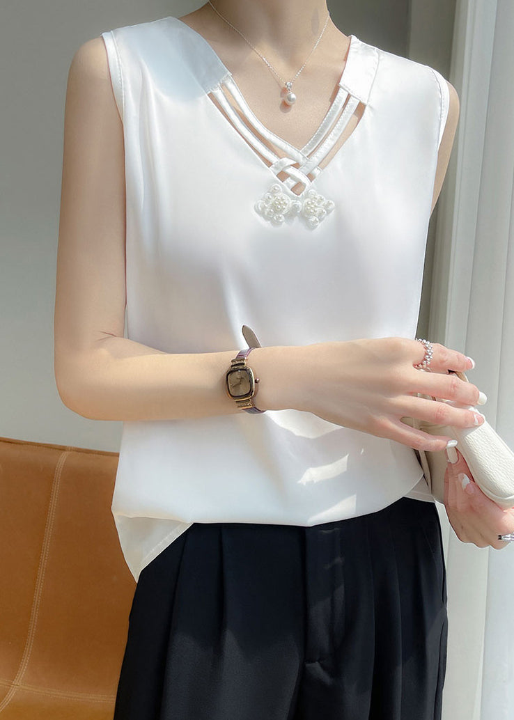 White Nail Sleeveless Bead Solid Tank Neck Silk V