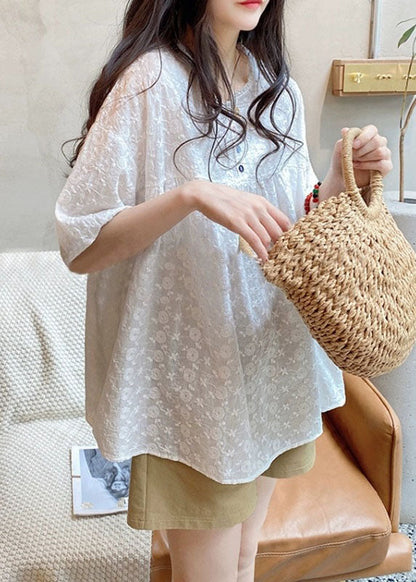 White O-Neck Lace Patchwork Shirts Summer BV034