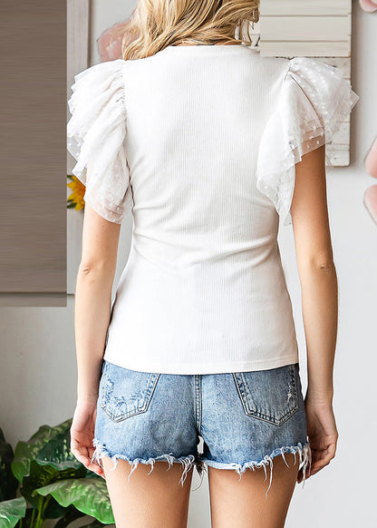 Sleeve O-Neck Flare White Top Knit Solid
