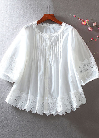 Chemise en coton à dentelle patchwork blanche froissée pour l'été YY009