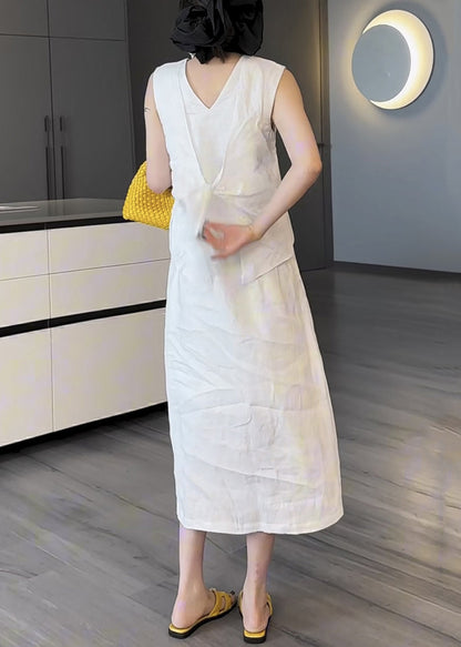 Pockets V Long Two Neck Summer Cotton White Pieces Dress False