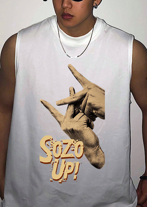 Summer Print Neck Mens Cotton White O Tank