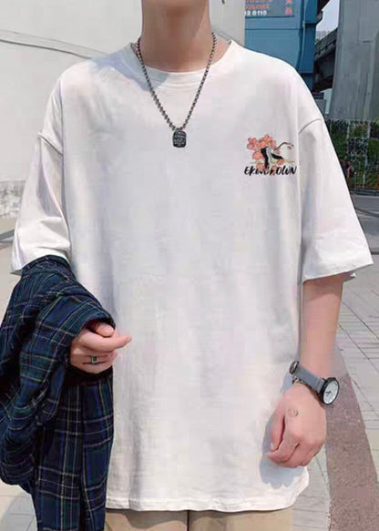 T Print Neck Shirts Sleeve Men Loose O White Half Cotton