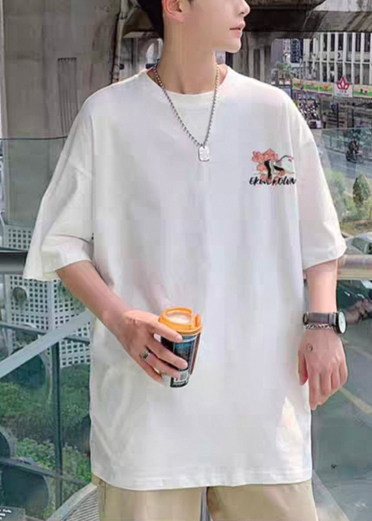 T Print Neck Shirts Sleeve Men Loose O White Half Cotton