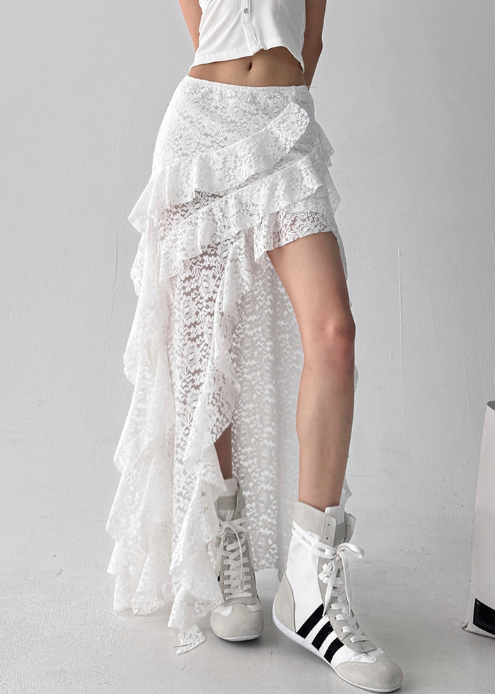 Skirt Asymmetrical White Ruffled Solid Lace Summer