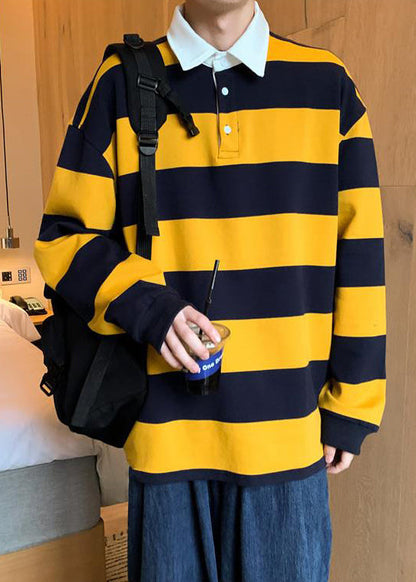 Spring Button Polo White Cotton Shirts Striped Mens