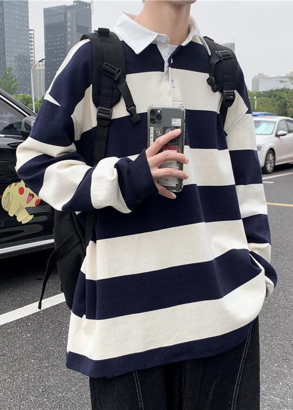 Spring Button Polo White Cotton Shirts Striped Mens