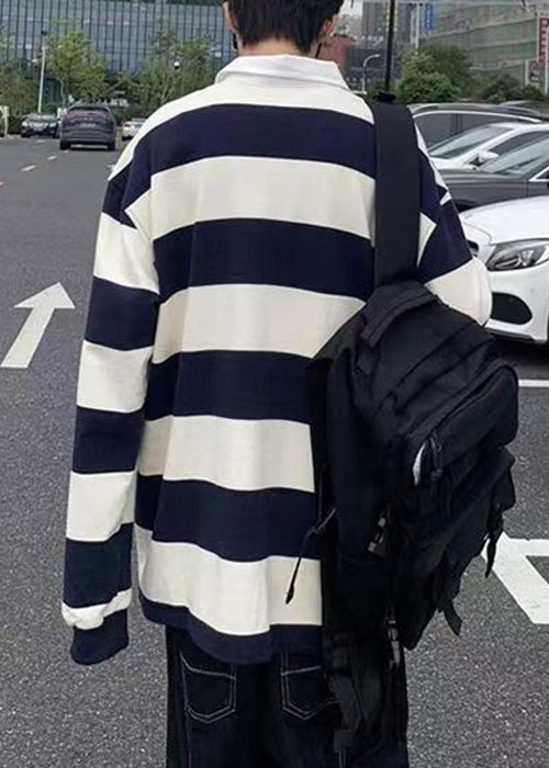 Spring Button Polo White Cotton Shirts Striped Mens