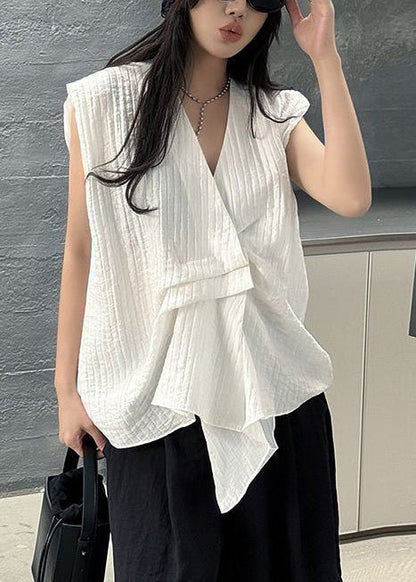 Design Striped Cotton Vests White Asymmetrical Sleeveless