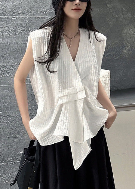 Design Striped Cotton Vests White Asymmetrical Sleeveless