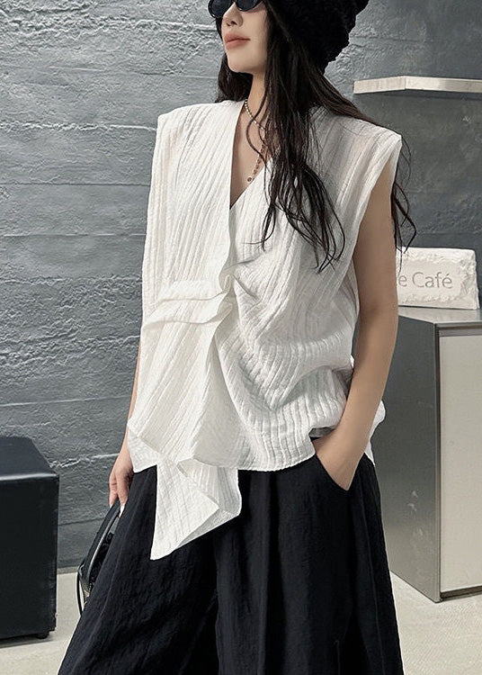 Design Striped Cotton Vests White Asymmetrical Sleeveless