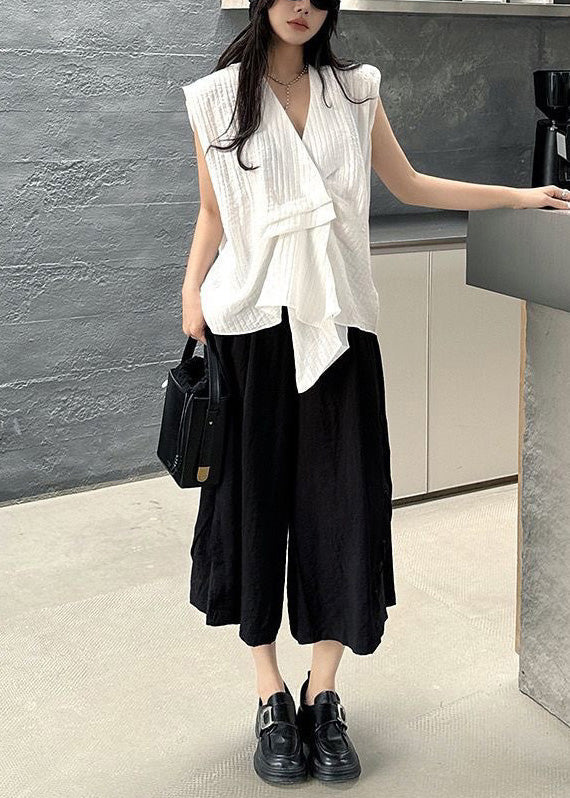 Design Striped Cotton Vests White Asymmetrical Sleeveless