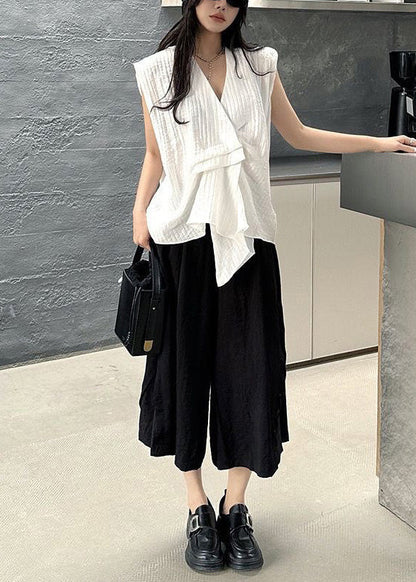 Design Striped Cotton Vests White Asymmetrical Sleeveless